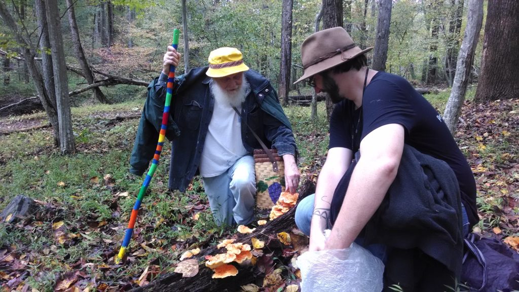 My father and me picking mushrooms